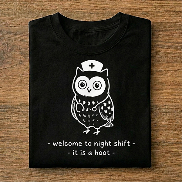 Welcome to Night Shift It Is a Hoot Owl Nurse Pun T-Shirt